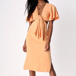 NWT Lulus Summer Journey Light Orange Tie-Front Cutout Midi Dress, size Large